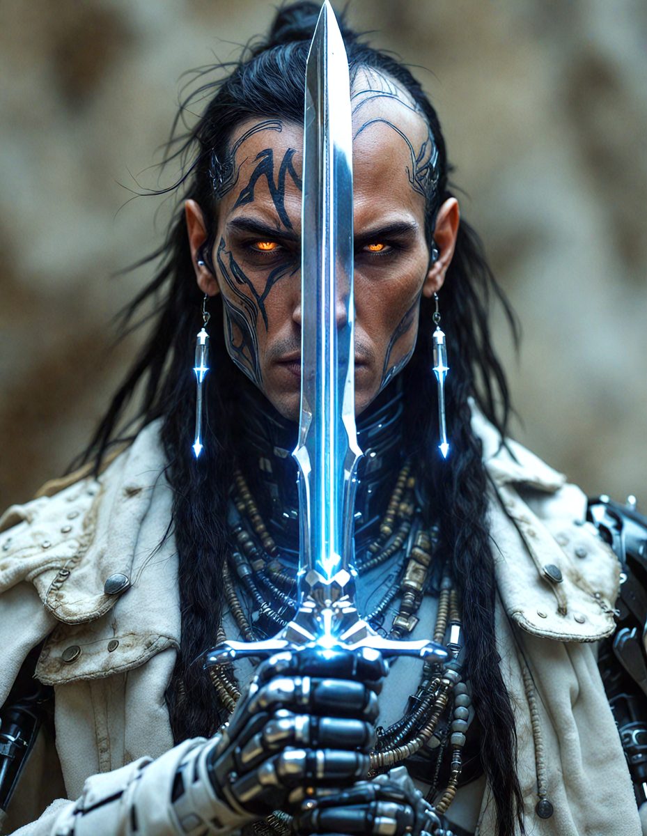 The primary subject of the image is a man with a tattooed face and long hair, holding a sword. He appears to be a warrior or a character from a fantasy story. The setting is a rocky background, which adds to the dramatic atmosphere of the scene. The visual style is a combination of photo and digital art, creating a unique and intriguing image. The dominant colors are blue and silver, which are visible on the sword and the man's outfit. The overall mood of the image is intense and captivating, as the man's fierce expression and the sword's glowing light suggest a sense of danger and adventure.